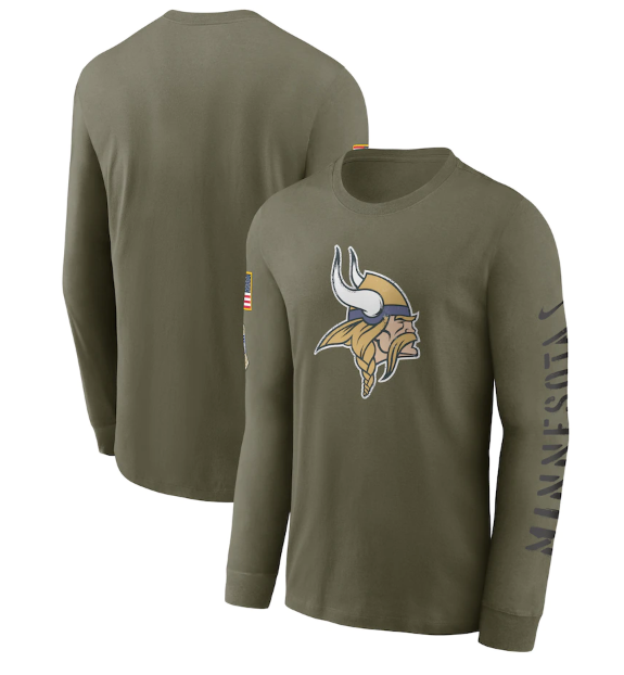 Men's Minnesota Vikings Olive 2022 Salute to Service Long Sleeve T-Shirt Men's Minnesota Vikings Olive 2022 Salute to Service Long Sleeve T-Shirt